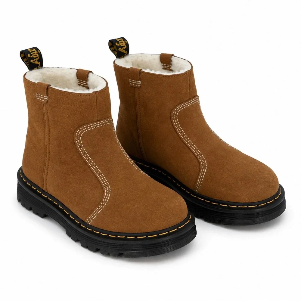 Dr. Martens Zebzag Rigger WL Tan Nubuck Faux Fur Lined Boots 10 NEW 111-01